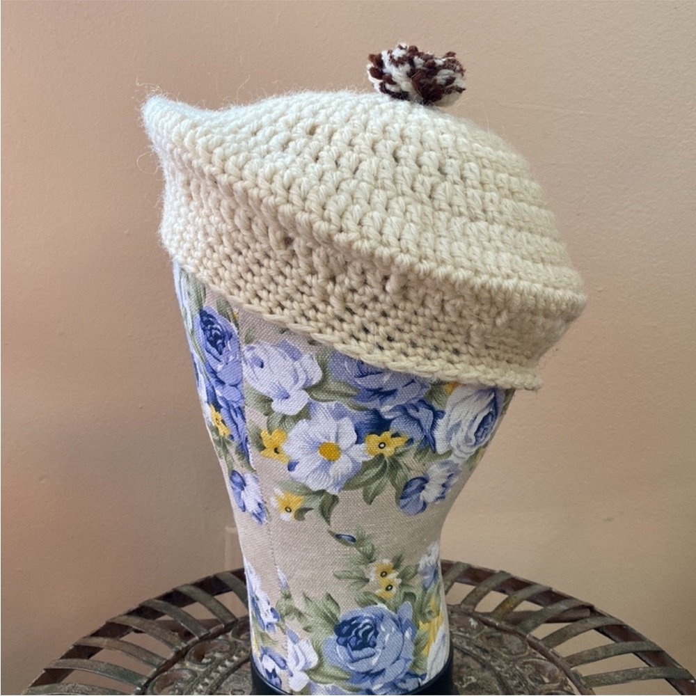 VTG Handmade Handknit Knitted Crochet Beret Pom - Picture 5 of 8